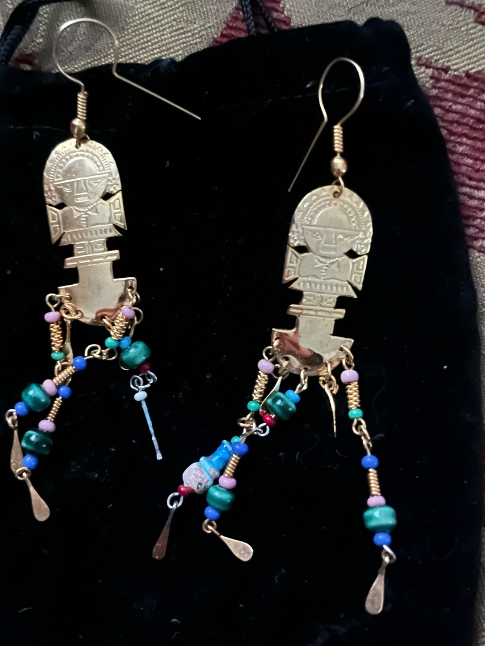Gold-Tone Tribal Dangle Earrings with Turquoise & Multicolor Beads vintage,